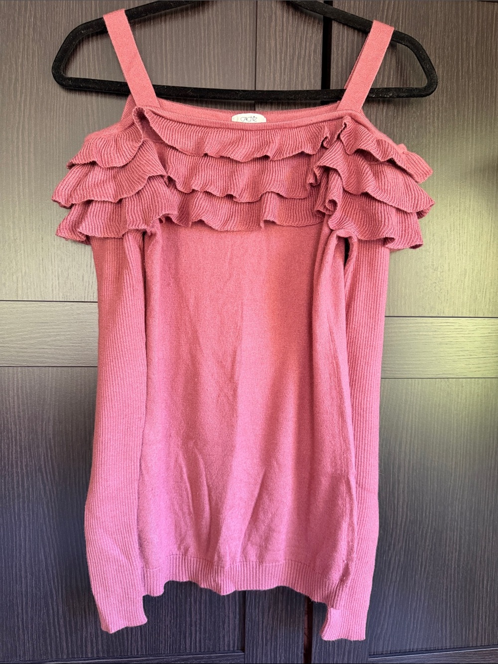 Cache Dusty Rose Ruffle Off-Shoulder Knit Top